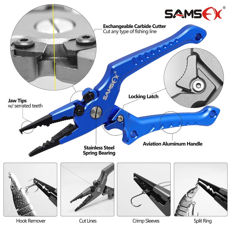 SAMSFX Aluminum Fishing Pliers Hook Remover Braid Line Cutter with Coiled Lanyard, Fly Fishing Knot Tying Tool & Retractors (Blue Handle, Split Ring Nose) - Image 2